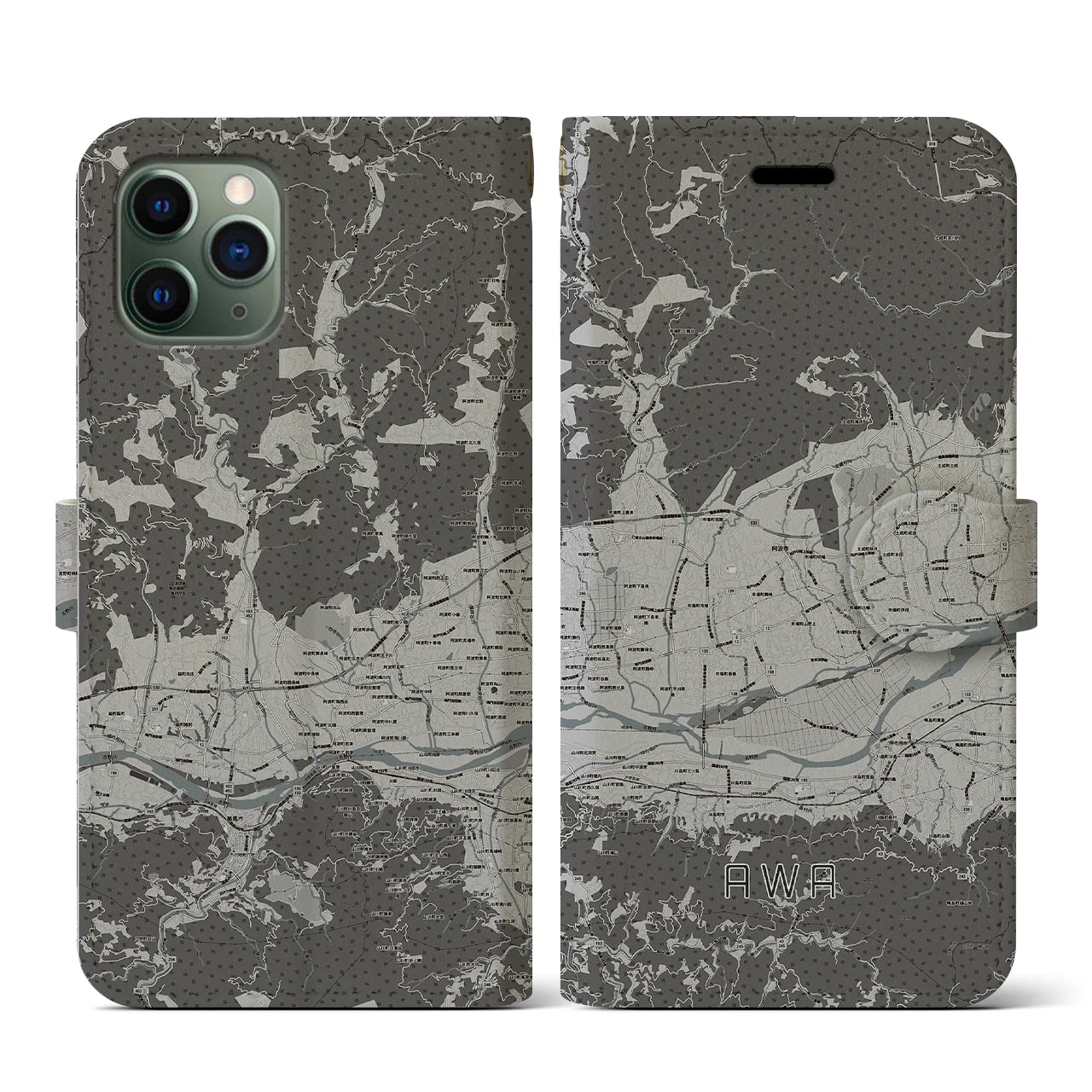 【阿波(徳島県)】地図柄iPhoneケース(手帳タイプ)モノトーン・iPhone 11 Pro 用