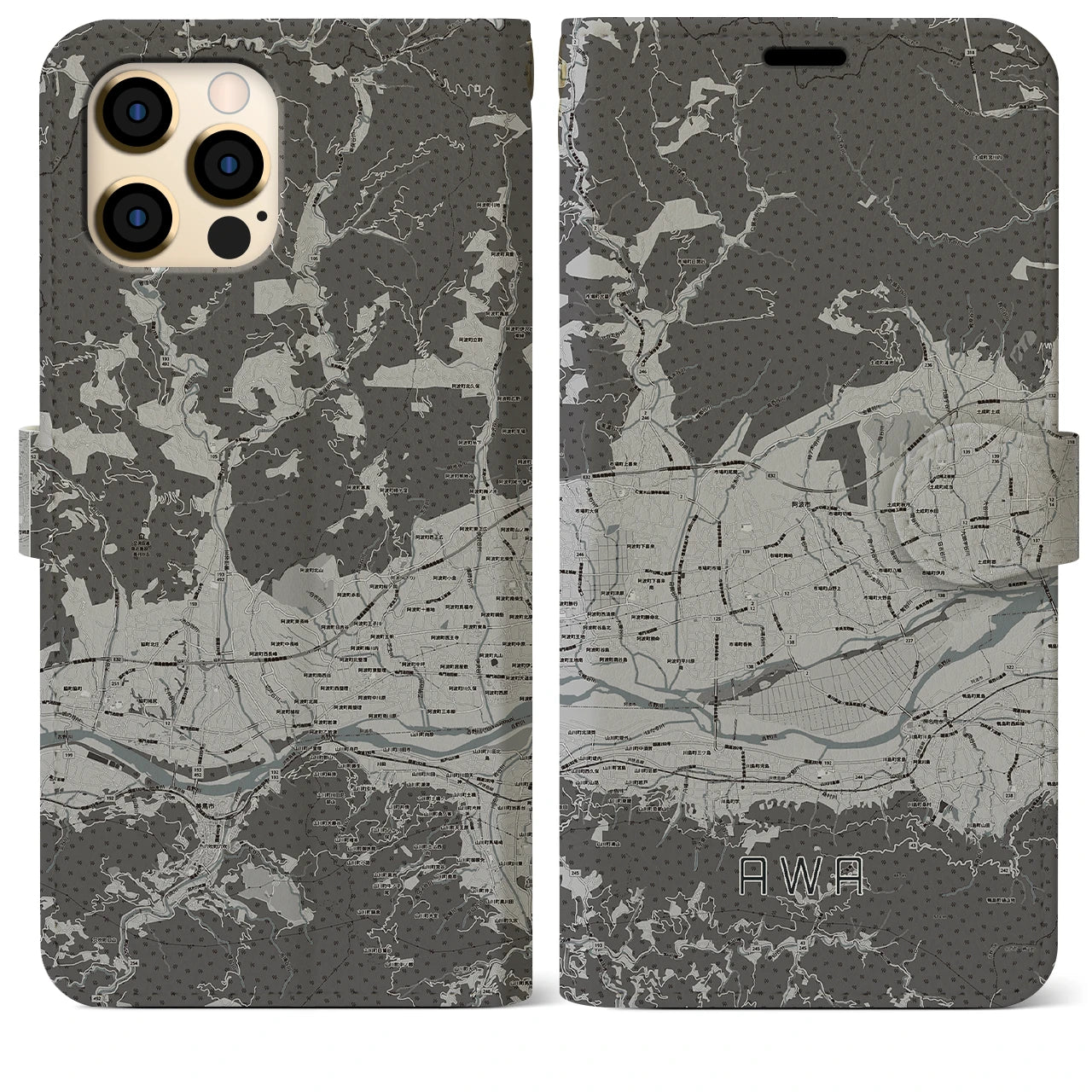 【阿波(徳島県)】地図柄iPhoneケース(手帳タイプ)モノトーン・iPhone 12 Pro Max 用