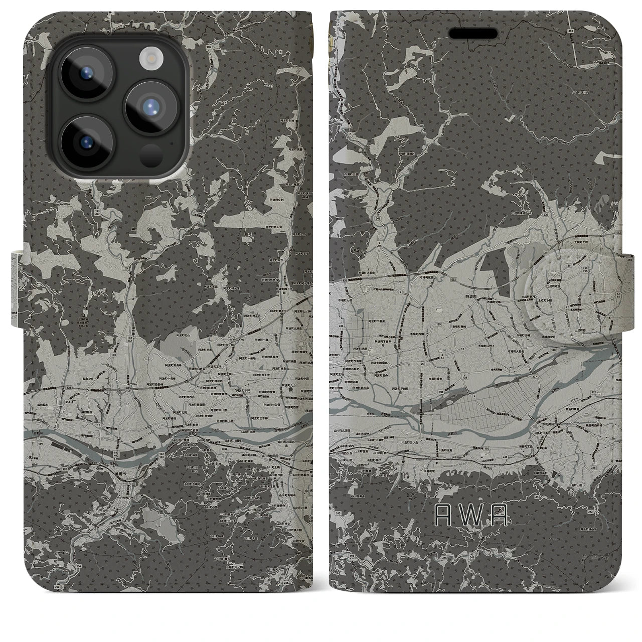 【阿波(徳島県)】地図柄iPhoneケース(手帳タイプ)モノトーン・iPhone 15 Pro Max 用