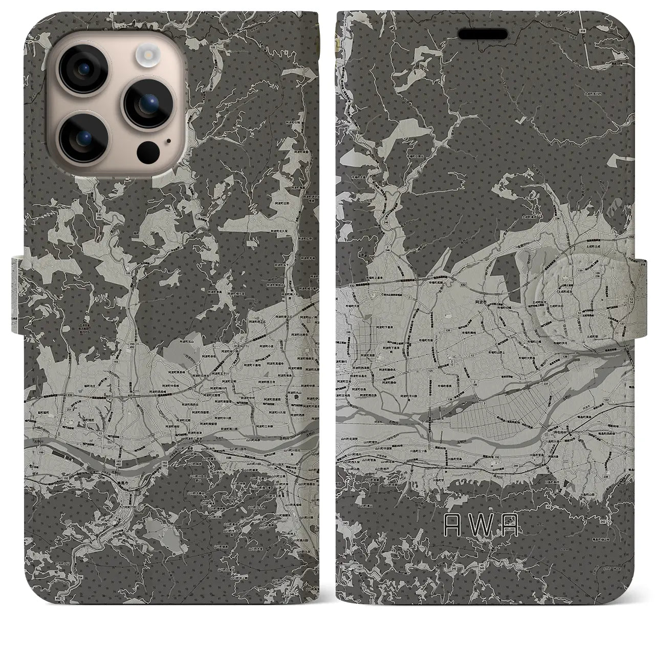 【阿波(徳島県)】地図柄iPhoneケース(手帳タイプ)モノトーン・iPhone 16 Plus 用