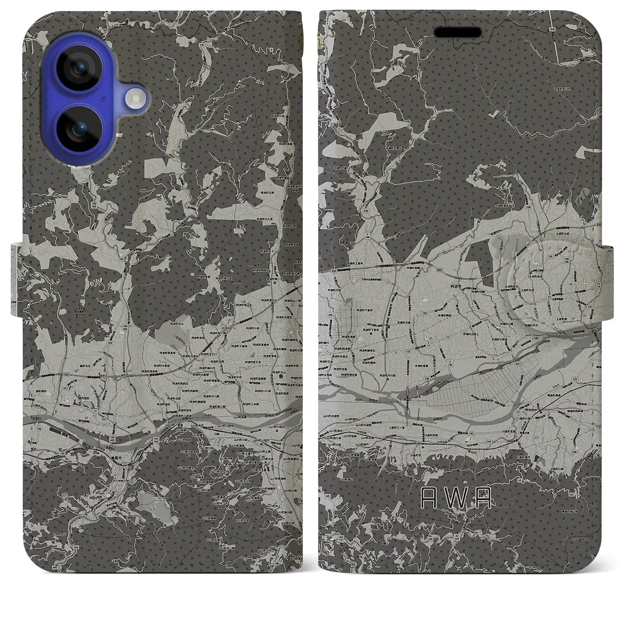 【阿波(徳島県)】地図柄iPhoneケース(手帳タイプ)モノトーン・iPhone 16 Pro Max 用