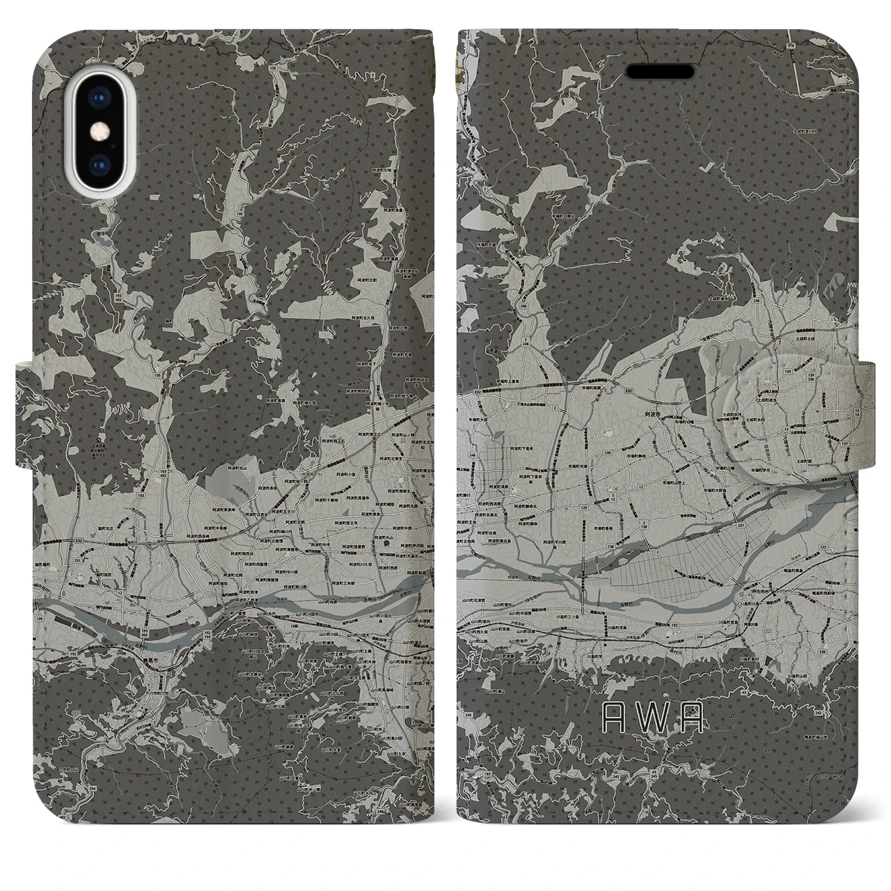【阿波(徳島県)】地図柄iPhoneケース(手帳タイプ)モノトーン・iPhone XS Max 用