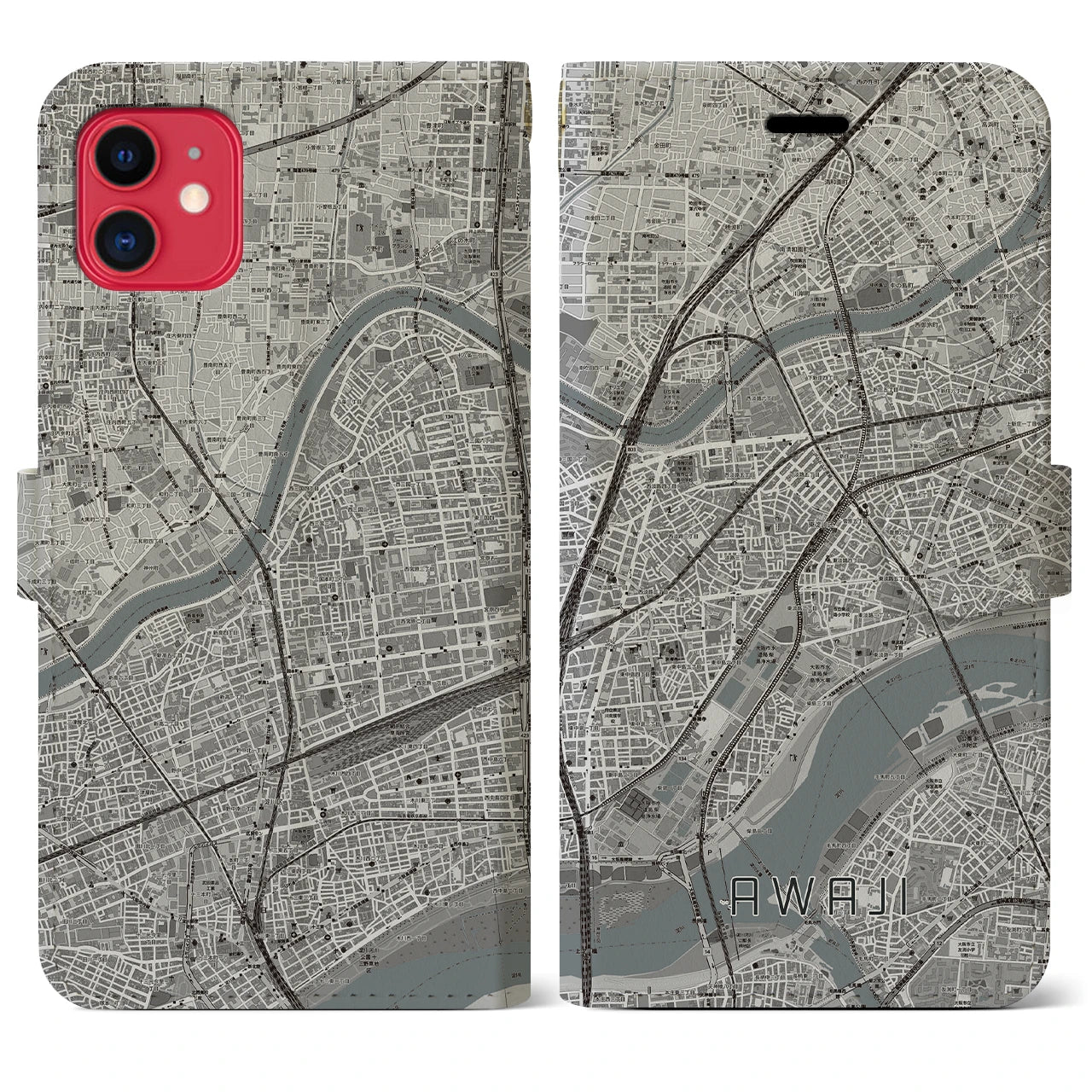 【淡路(大阪府)】地図柄iPhoneケース(手帳タイプ)モノトーン・iPhone 11 用