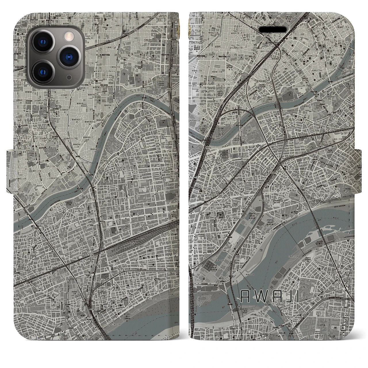 【淡路(大阪府)】地図柄iPhoneケース(手帳タイプ)モノトーン・iPhone 11 Pro Max 用