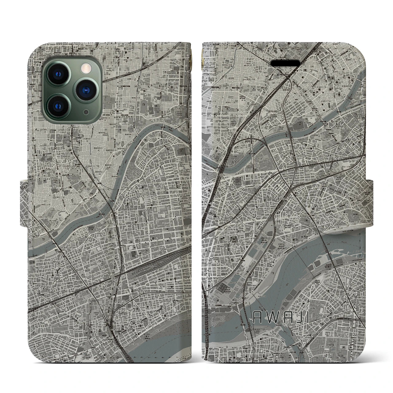 【淡路(大阪府)】地図柄iPhoneケース(手帳タイプ)モノトーン・iPhone 11 Pro 用