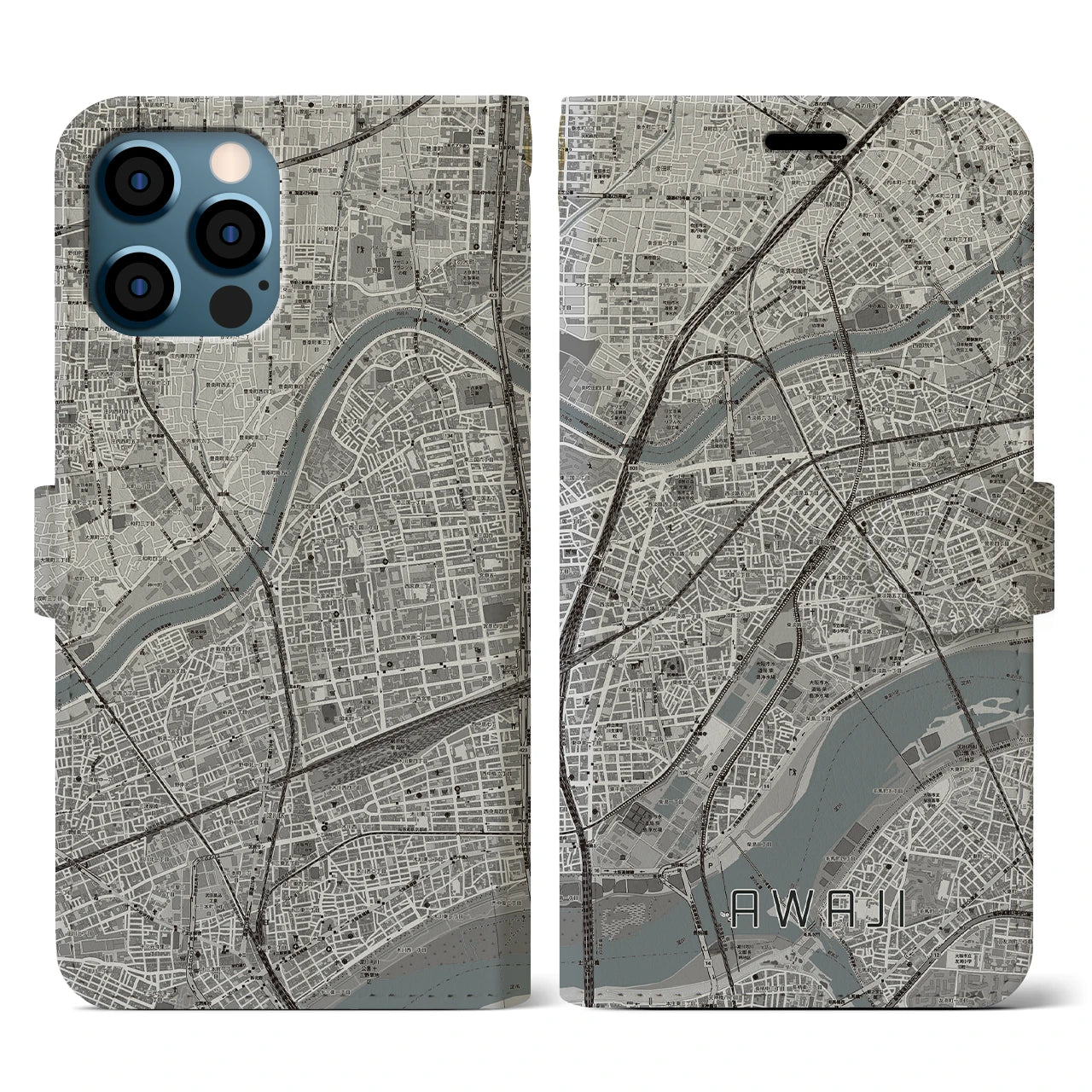 【淡路(大阪府)】地図柄iPhoneケース(手帳タイプ)モノトーン・iPhone 12 / 12 Pro 用