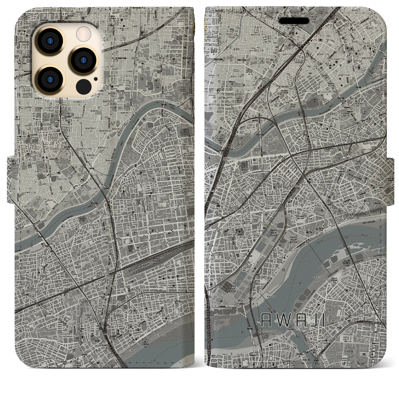 【淡路(大阪府)】地図柄iPhoneケース(手帳タイプ)モノトーン・iPhone 12 Pro Max 用