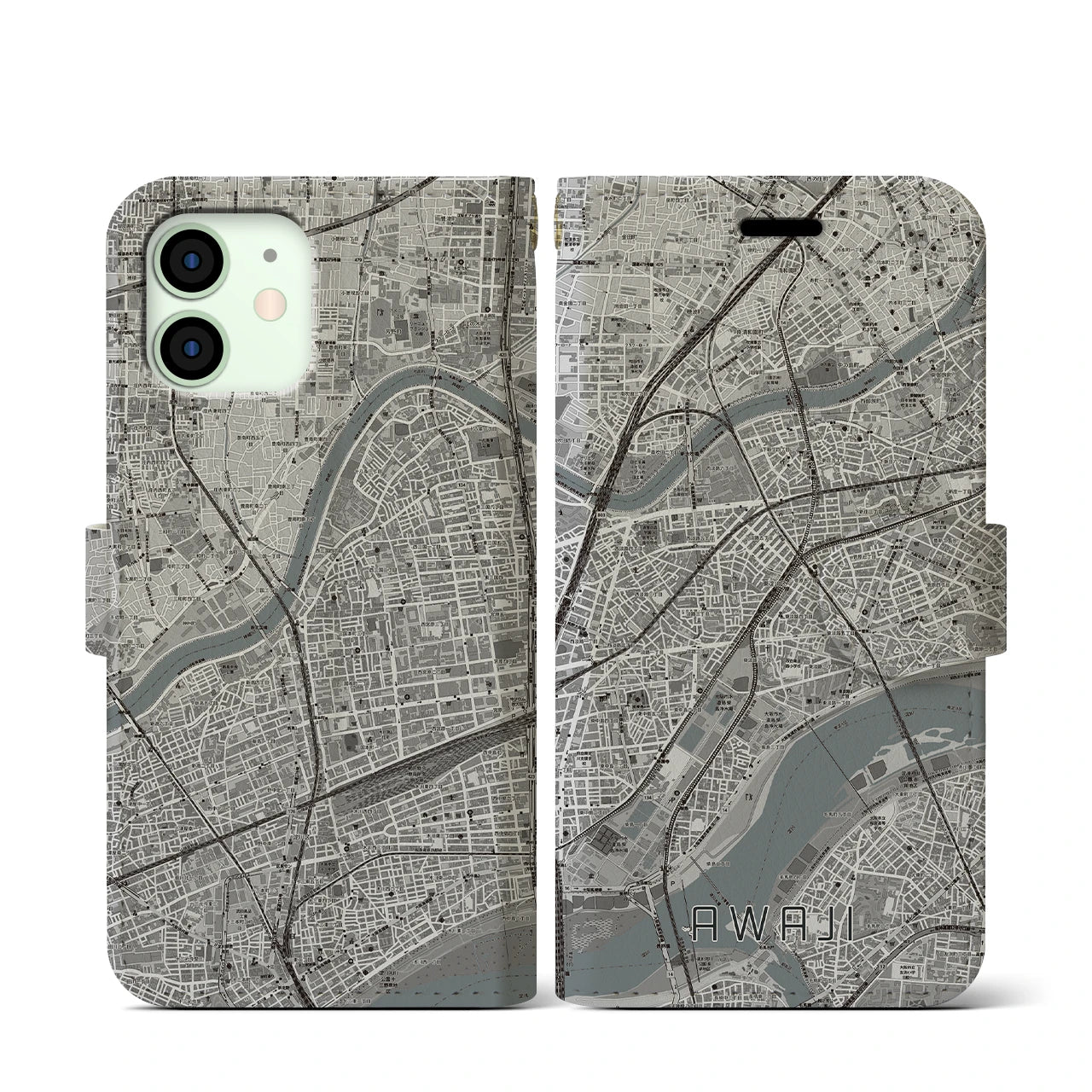 【淡路(大阪府)】地図柄iPhoneケース(手帳タイプ)モノトーン・iPhone 12 mini 用