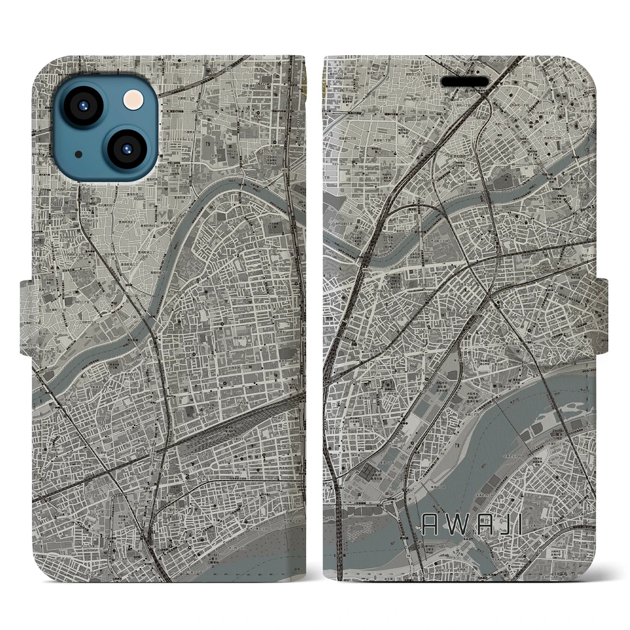 【淡路(大阪府)】地図柄iPhoneケース(手帳タイプ)モノトーン・iPhone 13 用