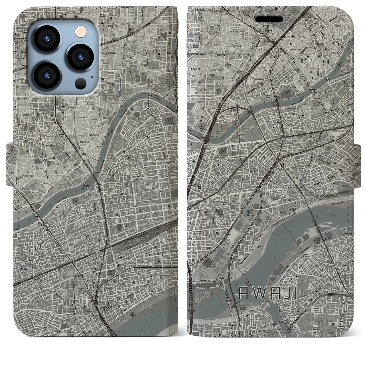 【淡路(大阪府)】地図柄iPhoneケース(手帳タイプ)モノトーン・iPhone 13 Pro Max 用