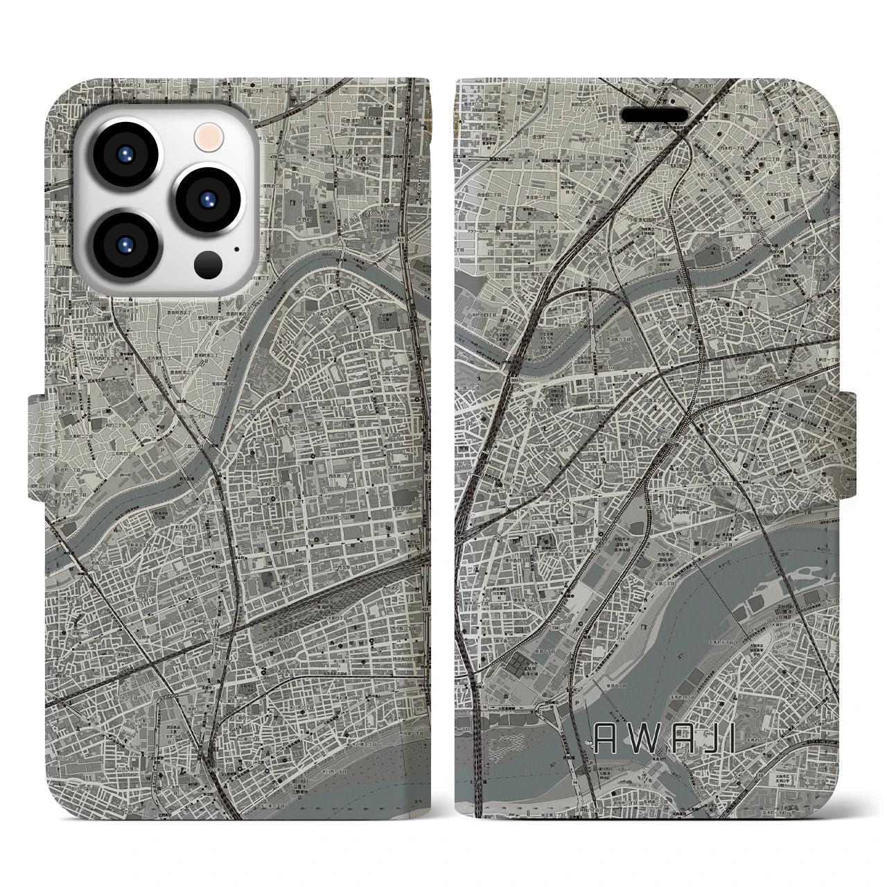 【淡路(大阪府)】地図柄iPhoneケース(手帳タイプ)モノトーン・iPhone 13 Pro 用