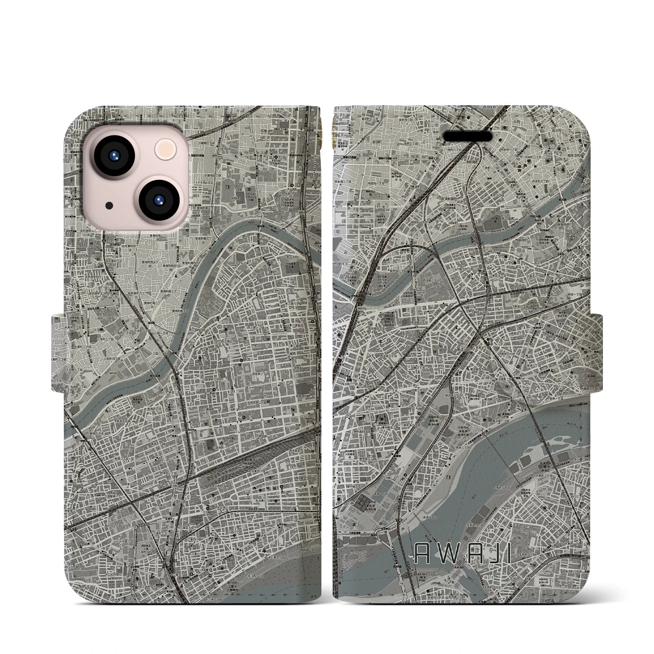 【淡路(大阪府)】地図柄iPhoneケース(手帳タイプ)モノトーン・iPhone 13 mini 用