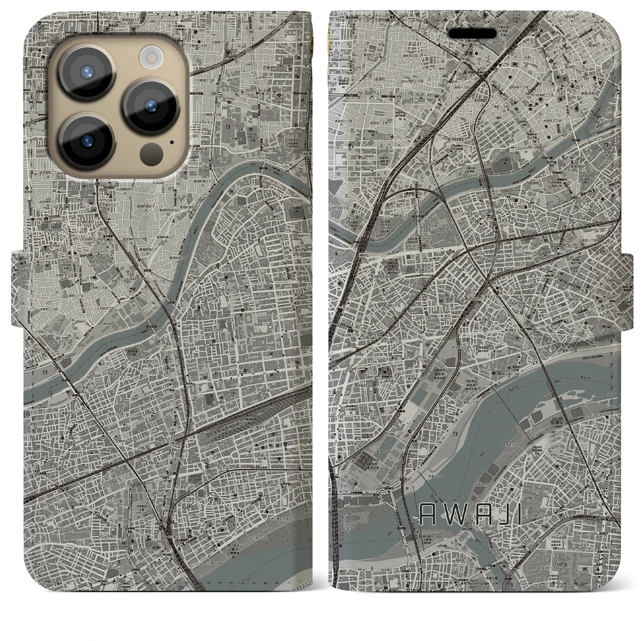 【淡路(大阪府)】地図柄iPhoneケース(手帳タイプ)モノトーン・iPhone 14 Pro Max 用