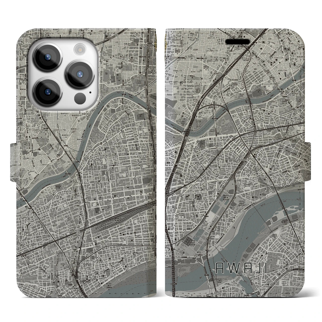 【淡路(大阪府)】地図柄iPhoneケース(手帳タイプ)モノトーン・iPhone 14 Pro 用