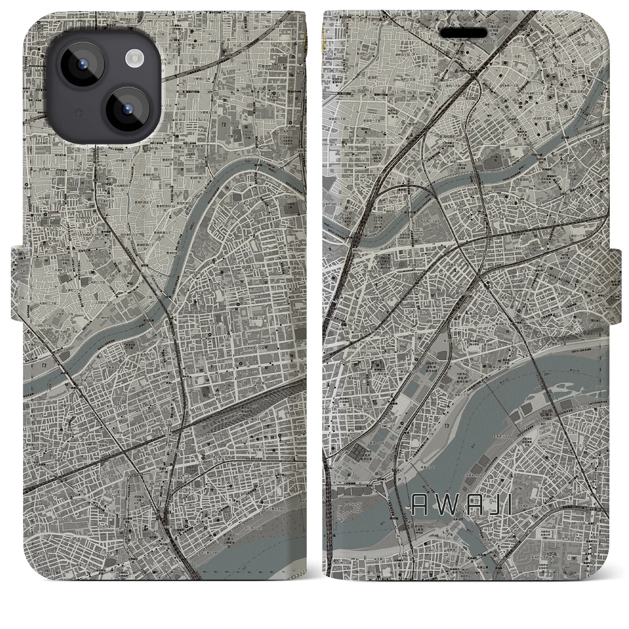 【淡路(大阪府)】地図柄iPhoneケース(手帳タイプ)モノトーン・iPhone 14 Plus 用