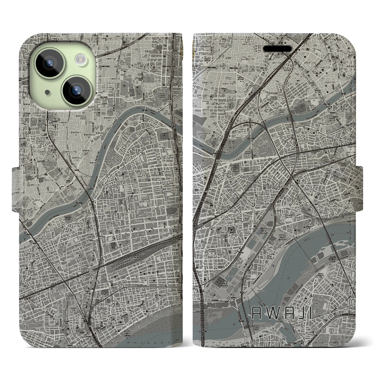【淡路(大阪府)】地図柄iPhoneケース(手帳タイプ)モノトーン・iPhone 15 用