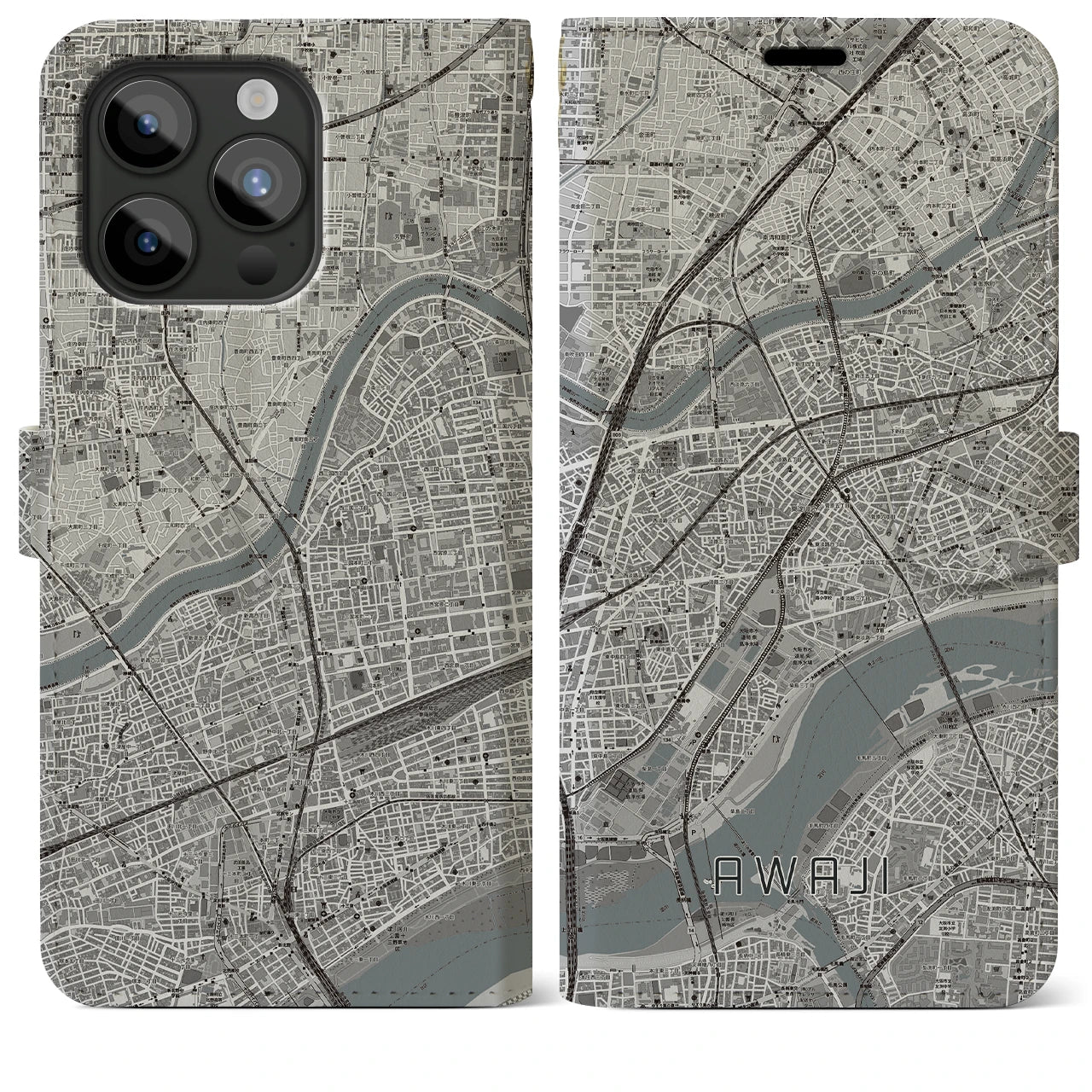 【淡路(大阪府)】地図柄iPhoneケース(手帳タイプ)モノトーン・iPhone 15 Pro Max 用