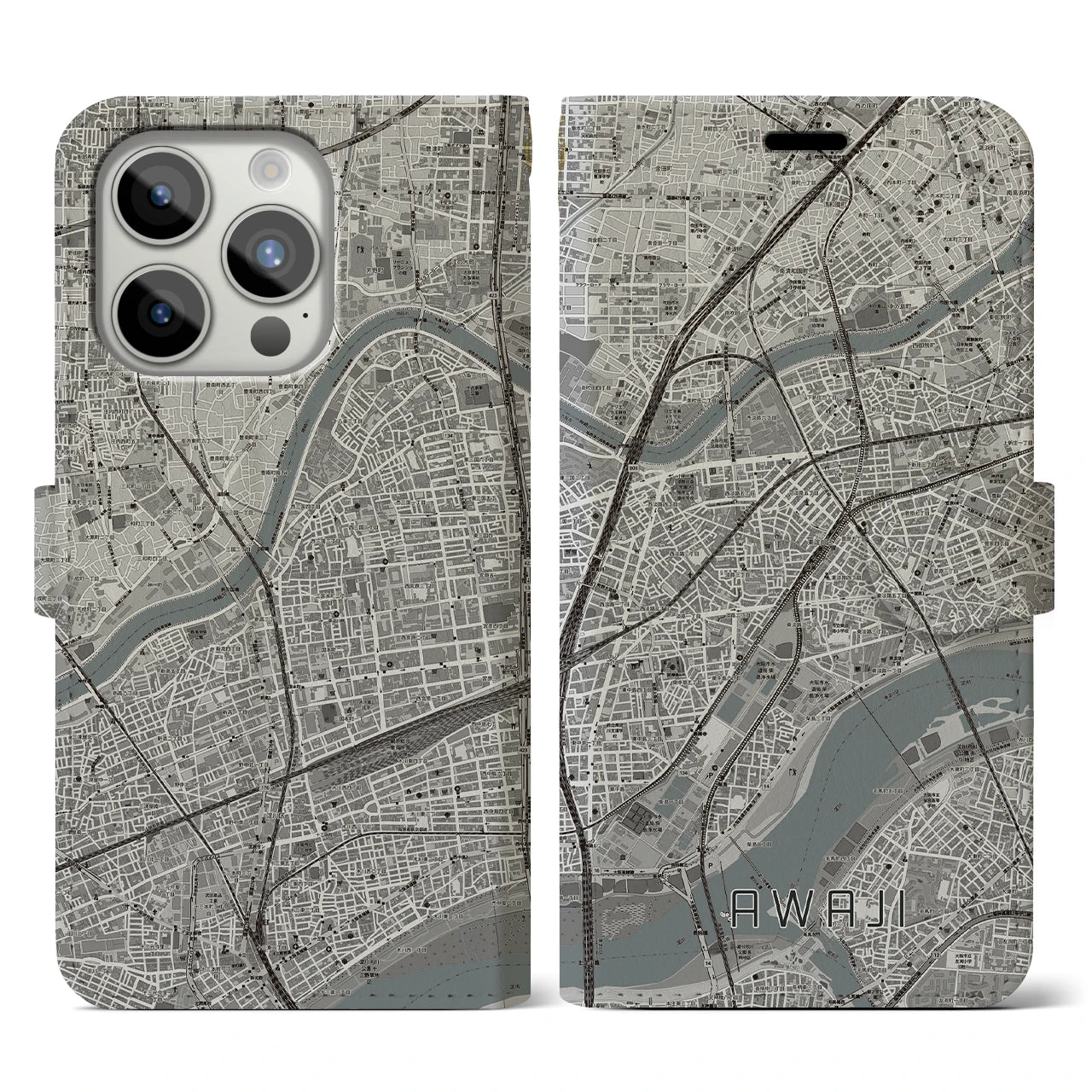 【淡路(大阪府)】地図柄iPhoneケース(手帳タイプ)モノトーン・iPhone 15 Pro 用