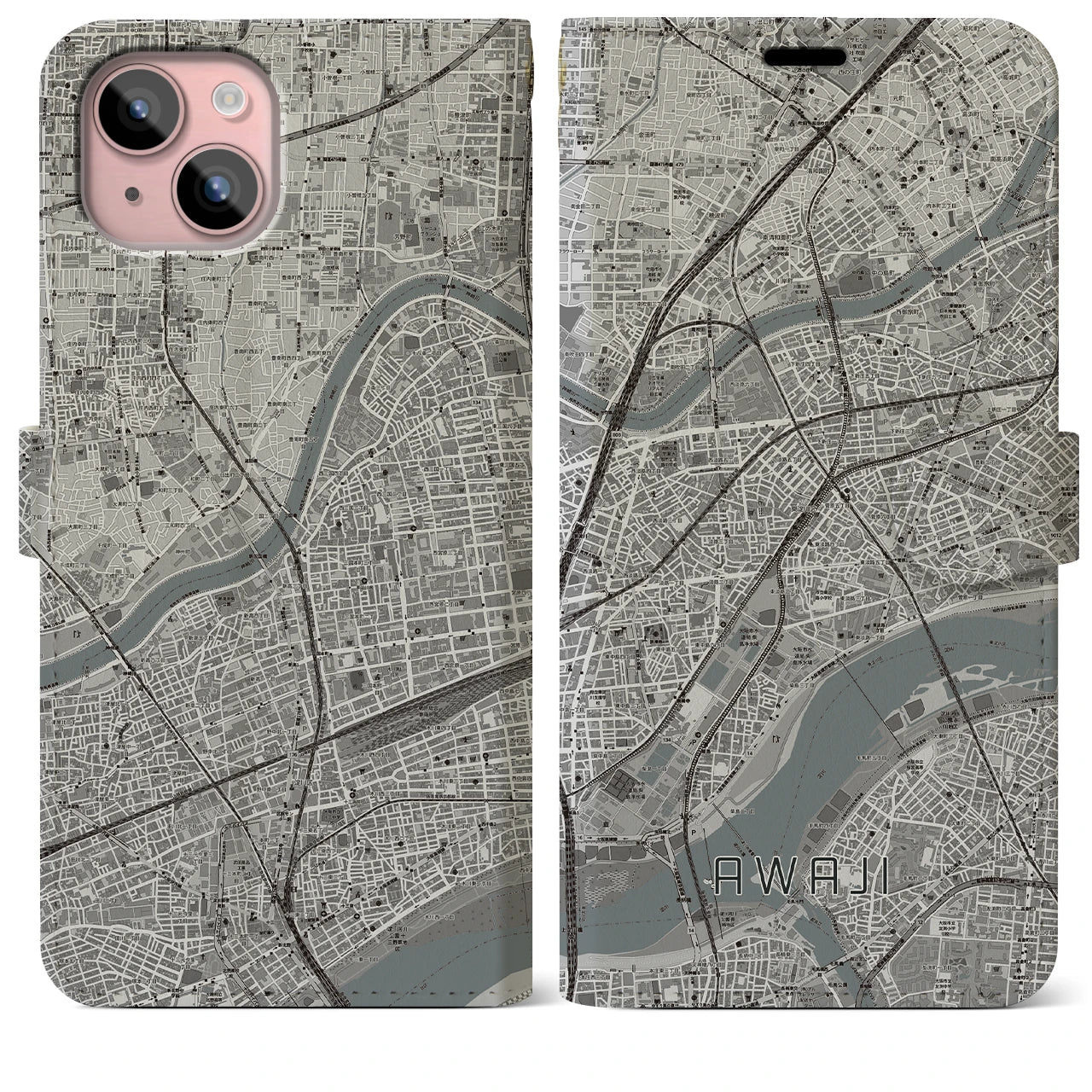 【淡路(大阪府)】地図柄iPhoneケース(手帳タイプ)モノトーン・iPhone 15 Plus 用
