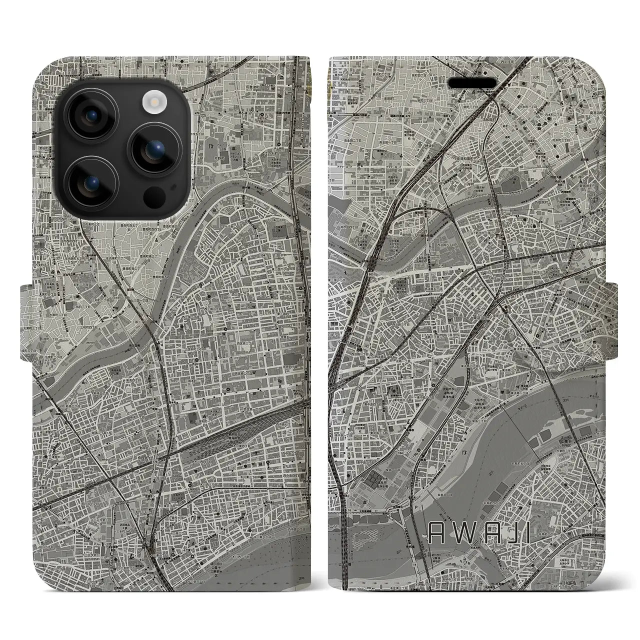 【淡路(大阪府)】地図柄iPhoneケース(手帳タイプ)モノトーン・iPhone 16 用