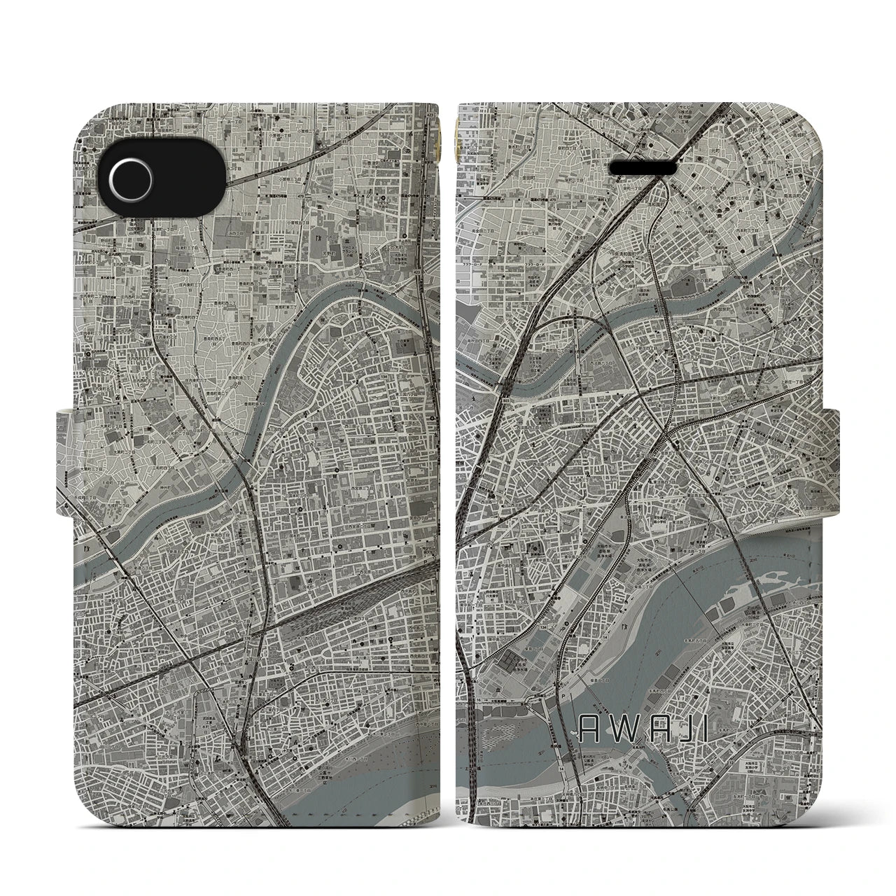 【淡路(大阪府)】地図柄iPhoneケース(手帳タイプ)モノトーン・iPhone SE(第3 / 第2世代) / 8 / 7 / 6s / 6 用