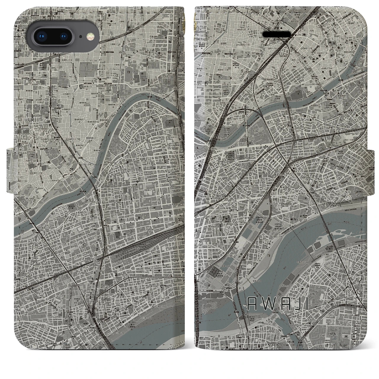 【淡路(大阪府)】地図柄iPhoneケース(手帳タイプ)モノトーン・iPhone 8Plus /7Plus / 6sPlus / 6Plus 用