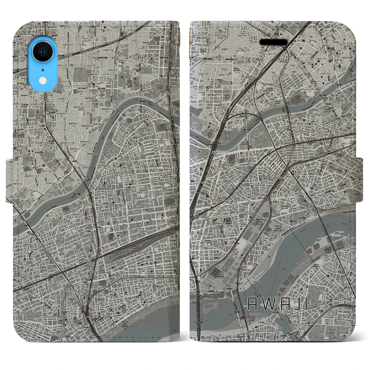 【淡路(大阪府)】地図柄iPhoneケース(手帳タイプ)モノトーン・iPhone XR 用