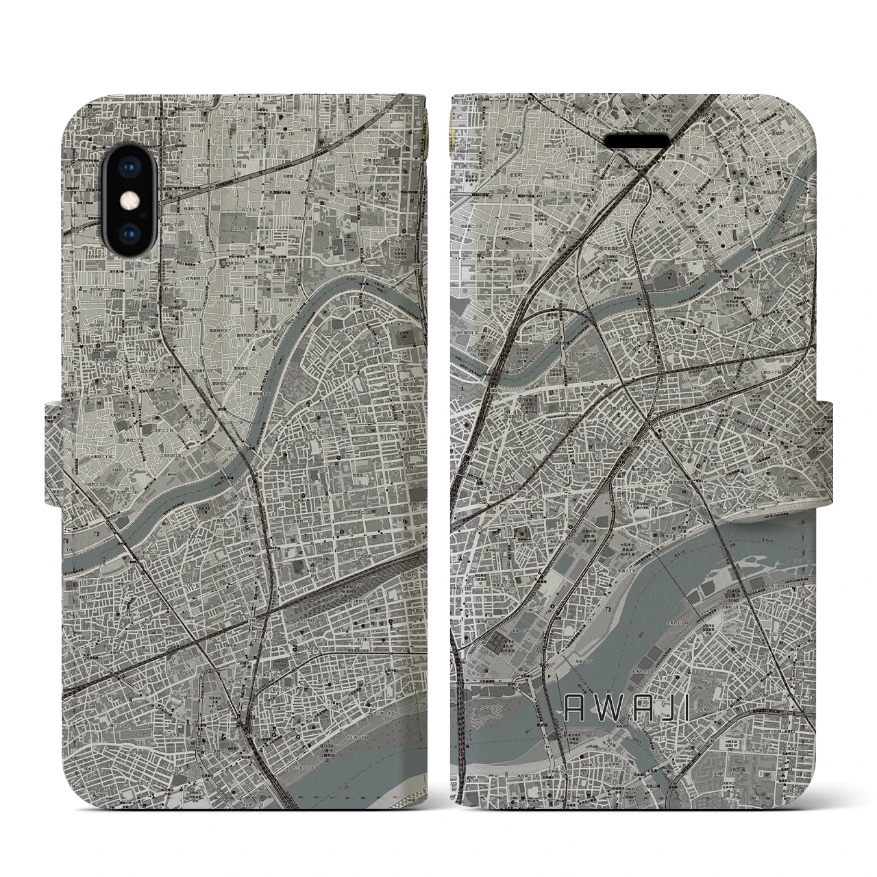 【淡路(大阪府)】地図柄iPhoneケース(手帳タイプ)モノトーン・iPhone XS / X 用