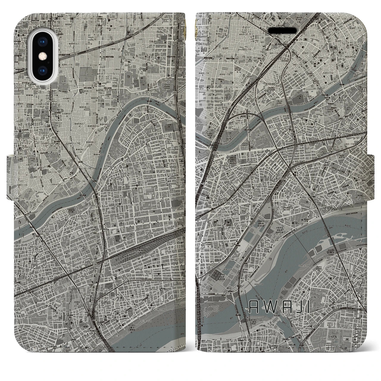 【淡路(大阪府)】地図柄iPhoneケース(手帳タイプ)モノトーン・iPhone XS Max 用