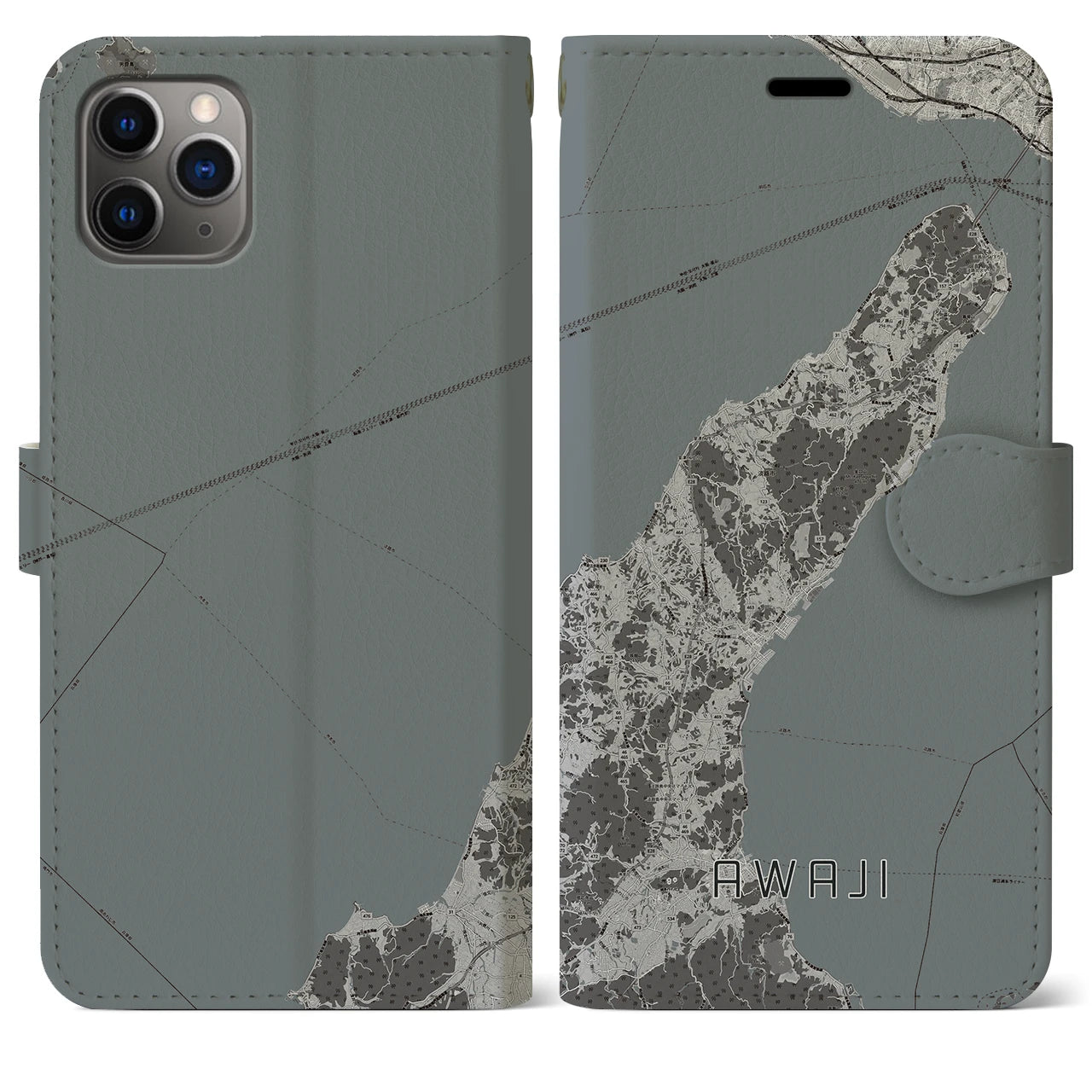 【淡路(兵庫県)】地図柄iPhoneケース(手帳タイプ)モノトーン・iPhone 11 Pro Max 用