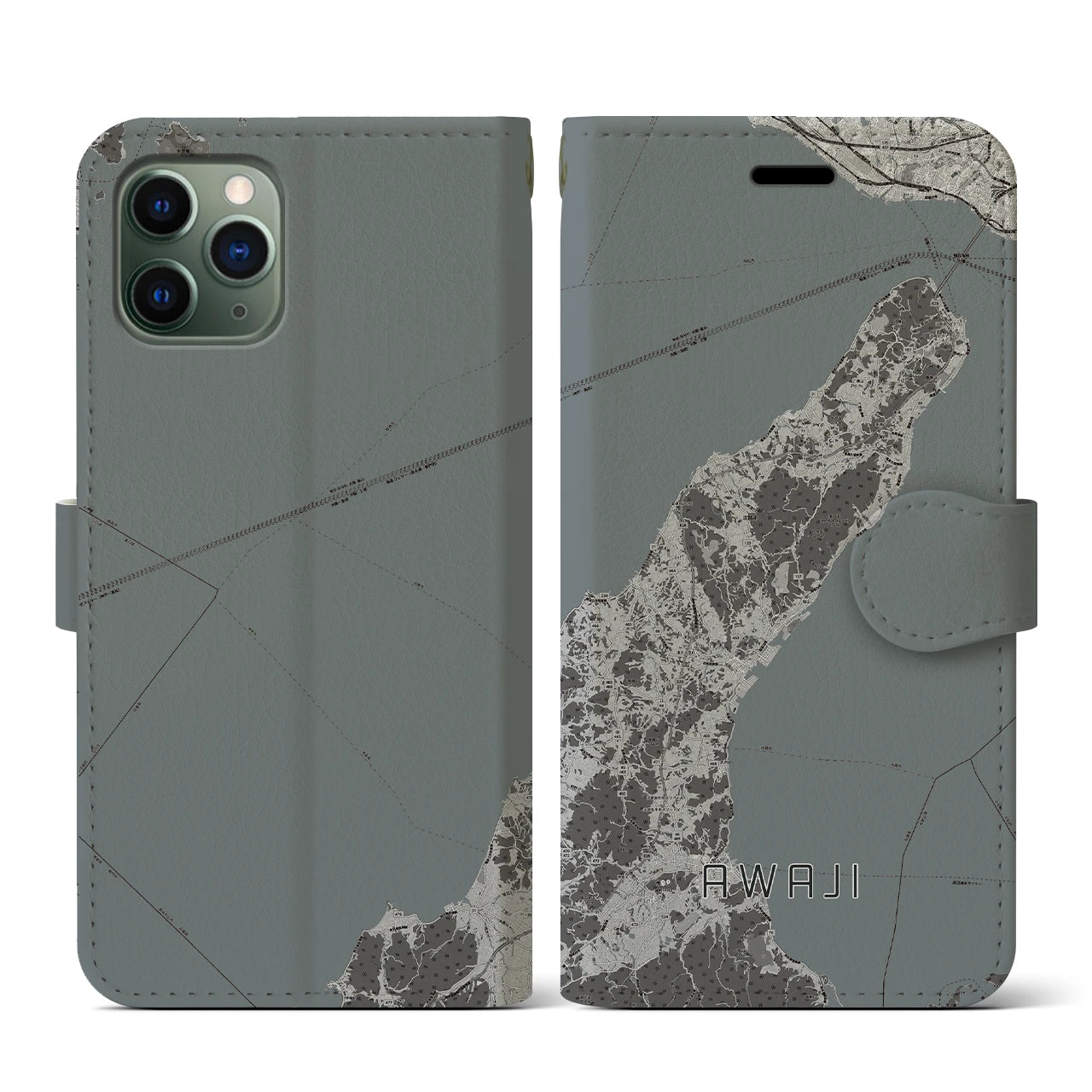 【淡路(兵庫県)】地図柄iPhoneケース(手帳タイプ)モノトーン・iPhone 11 Pro 用