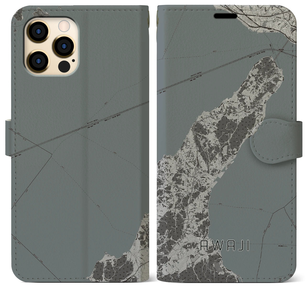 【淡路(兵庫県)】地図柄iPhoneケース(手帳タイプ)モノトーン・iPhone 12 Pro Max 用