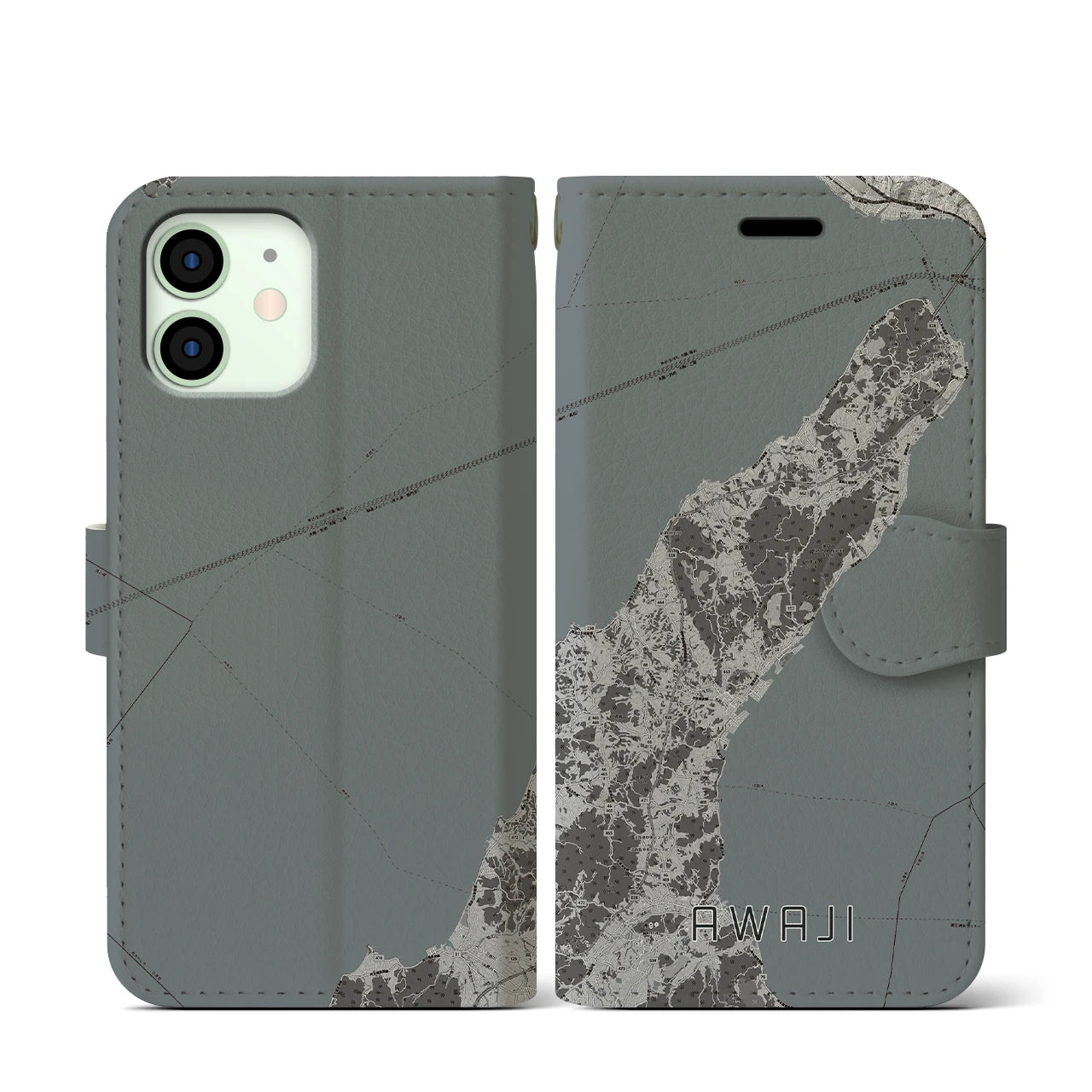 【淡路(兵庫県)】地図柄iPhoneケース(手帳タイプ)モノトーン・iPhone 12 mini 用