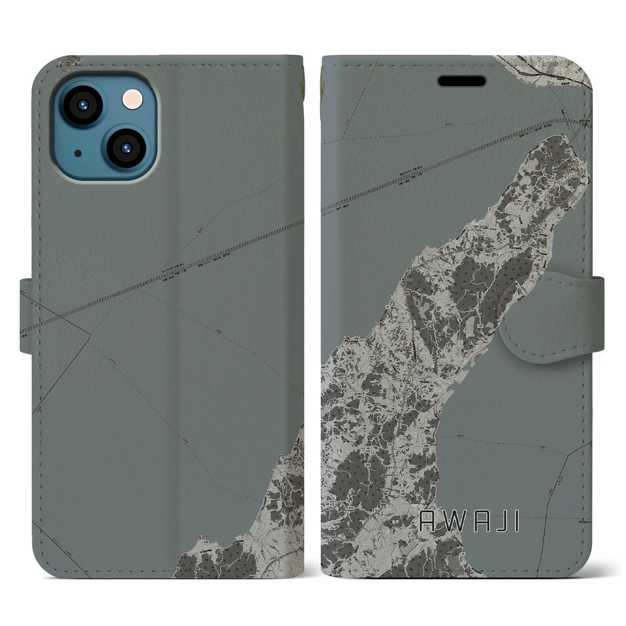 【淡路(兵庫県)】地図柄iPhoneケース(手帳タイプ)モノトーン・iPhone 13 用