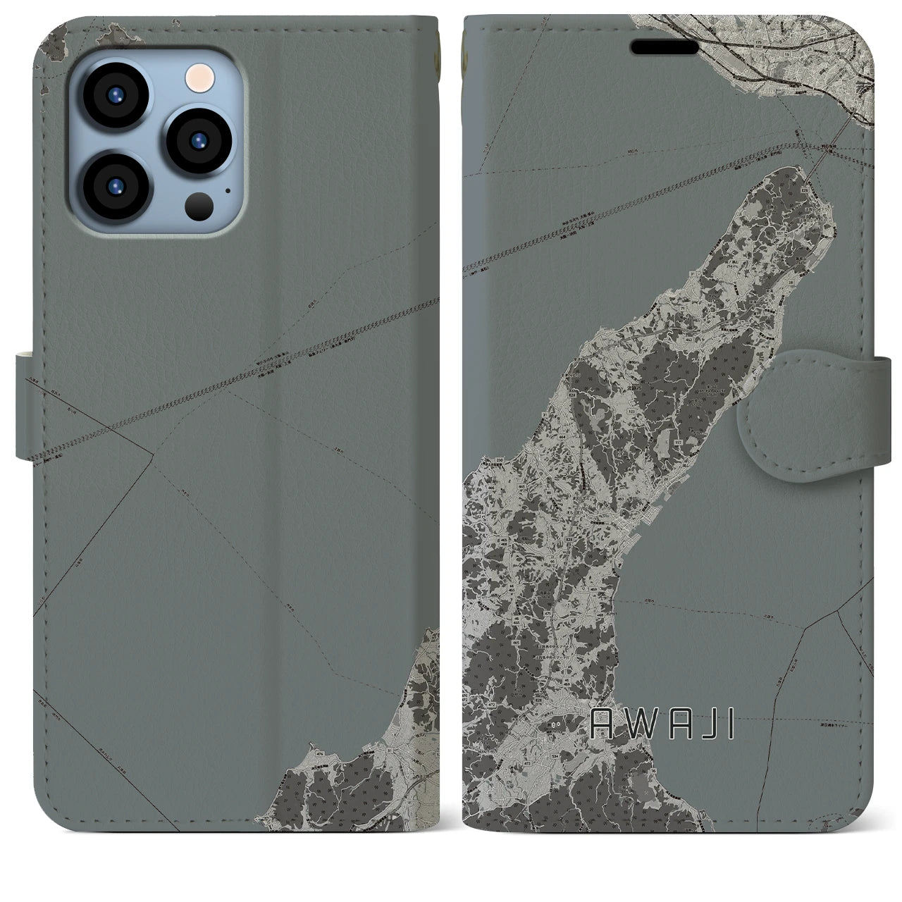【淡路(兵庫県)】地図柄iPhoneケース(手帳タイプ)モノトーン・iPhone 13 Pro Max 用