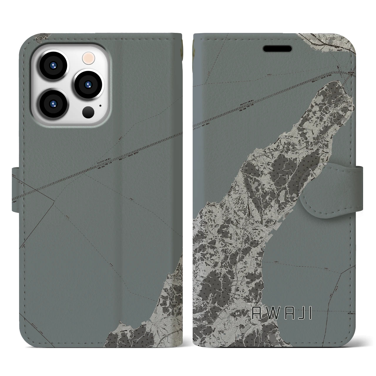 【淡路(兵庫県)】地図柄iPhoneケース(手帳タイプ)モノトーン・iPhone 13 Pro 用