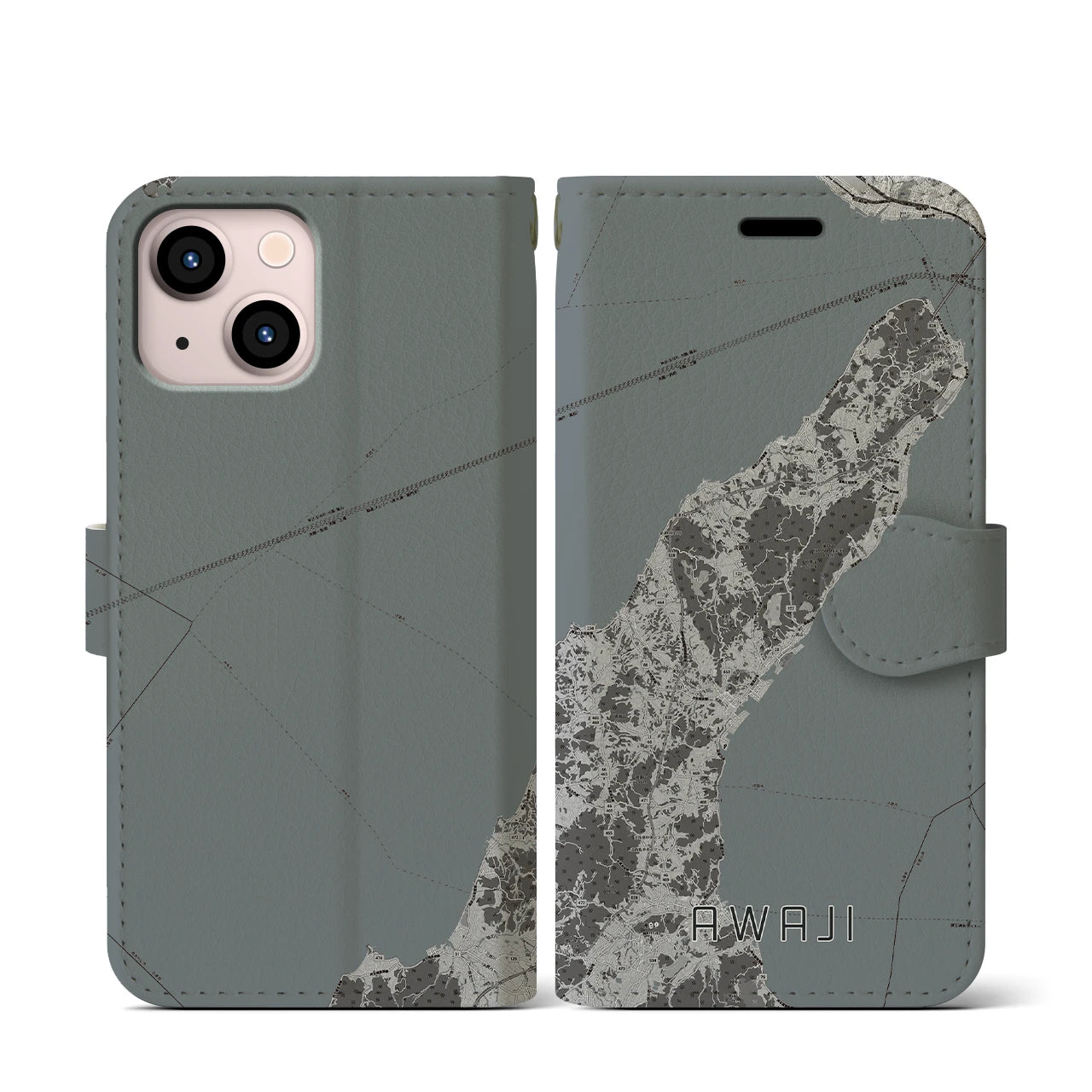 【淡路(兵庫県)】地図柄iPhoneケース(手帳タイプ)モノトーン・iPhone 13 mini 用