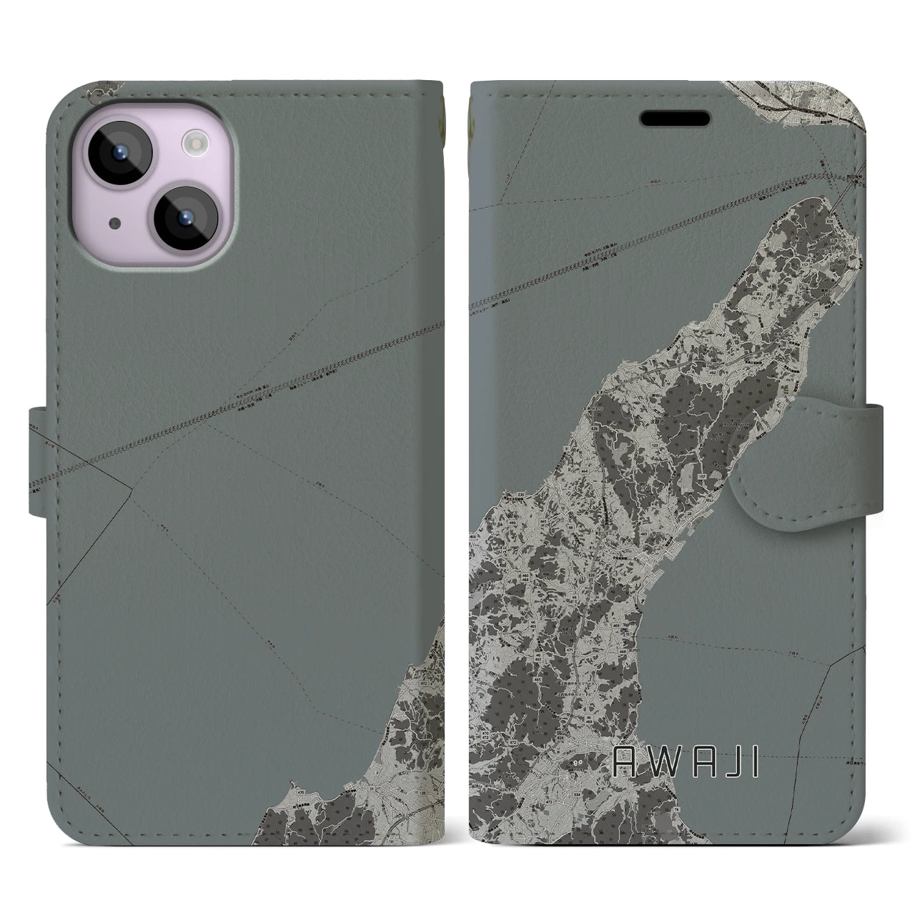 【淡路(兵庫県)】地図柄iPhoneケース(手帳タイプ)モノトーン・iPhone 14 用