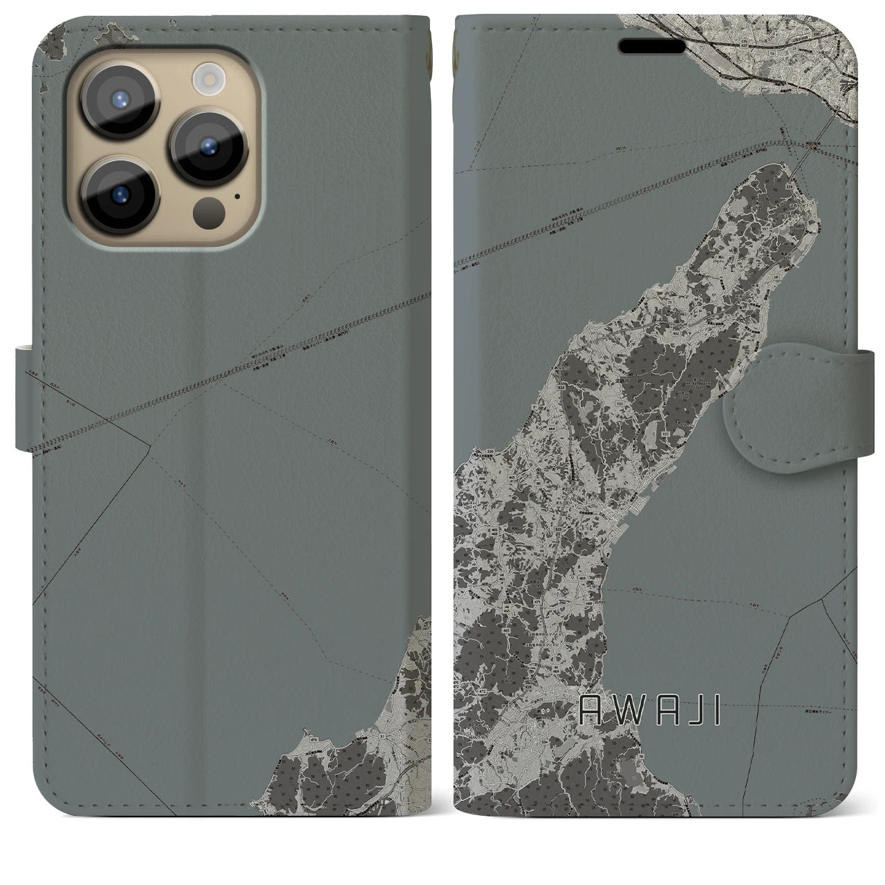 【淡路(兵庫県)】地図柄iPhoneケース(手帳タイプ)モノトーン・iPhone 14 Pro Max 用