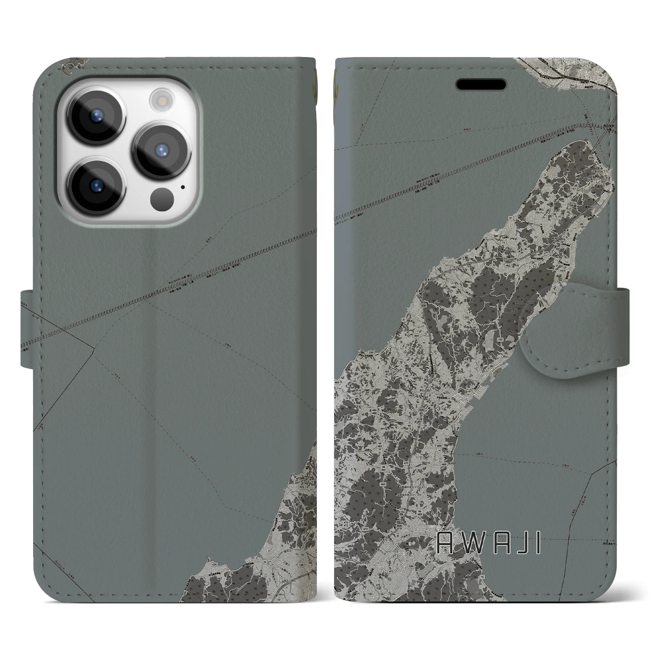 【淡路(兵庫県)】地図柄iPhoneケース(手帳タイプ)モノトーン・iPhone 14 Pro 用