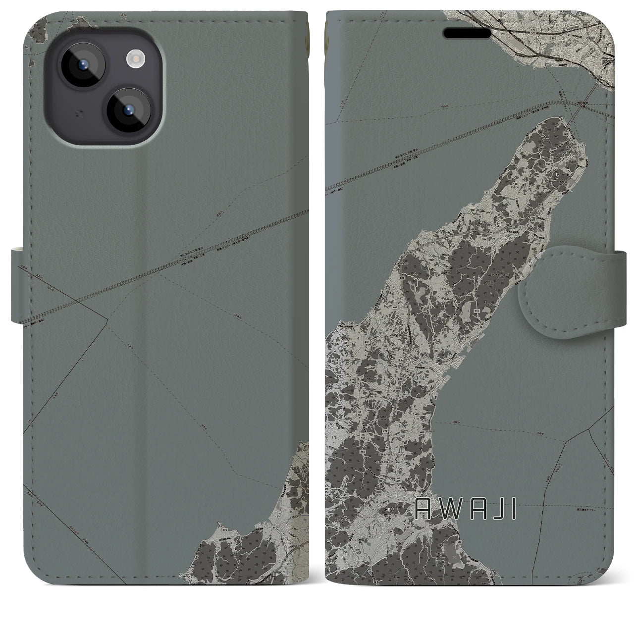 【淡路(兵庫県)】地図柄iPhoneケース(手帳タイプ)モノトーン・iPhone 14 Plus 用