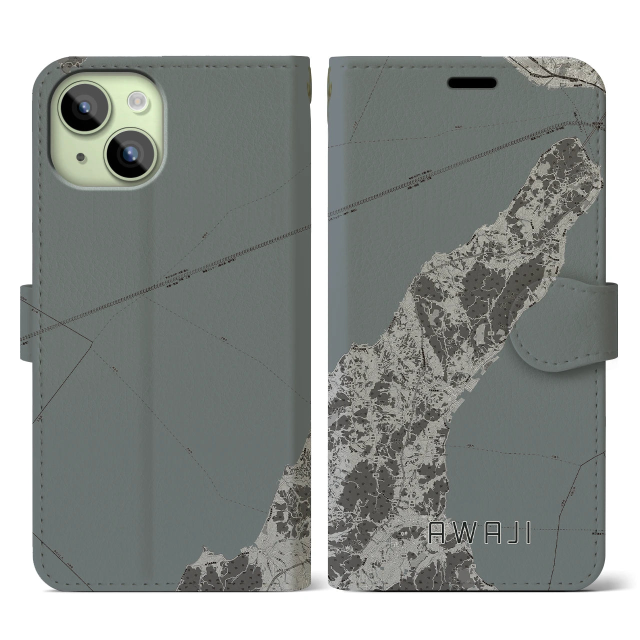 【淡路(兵庫県)】地図柄iPhoneケース(手帳タイプ)モノトーン・iPhone 15 用