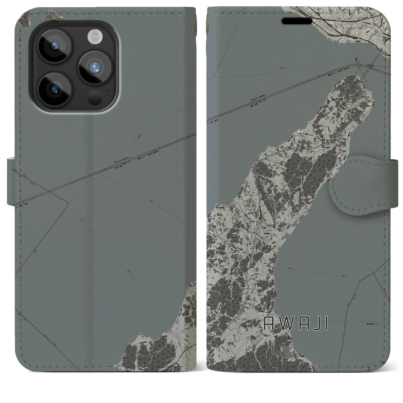 【淡路(兵庫県)】地図柄iPhoneケース(手帳タイプ)モノトーン・iPhone 15 Pro Max 用