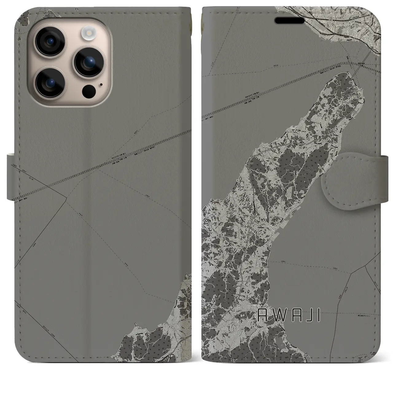 【淡路(兵庫県)】地図柄iPhoneケース(手帳タイプ)モノトーン・iPhone 16 Plus 用