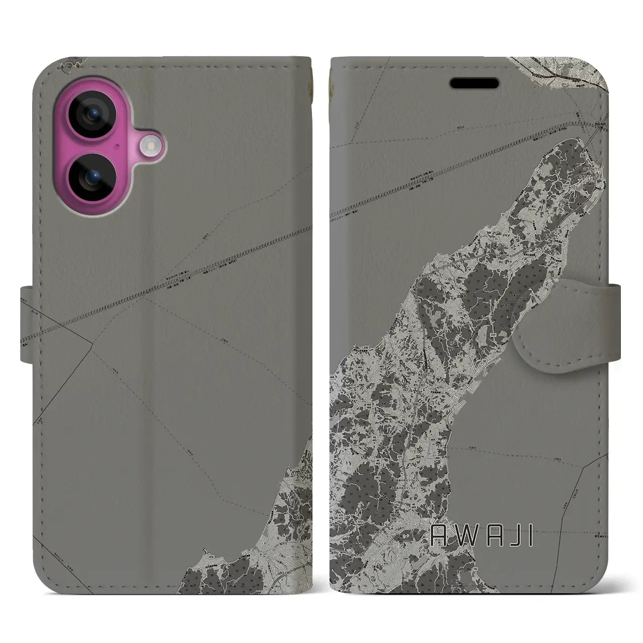【淡路(兵庫県)】地図柄iPhoneケース(手帳タイプ)モノトーン・iPhone 16 Pro 用