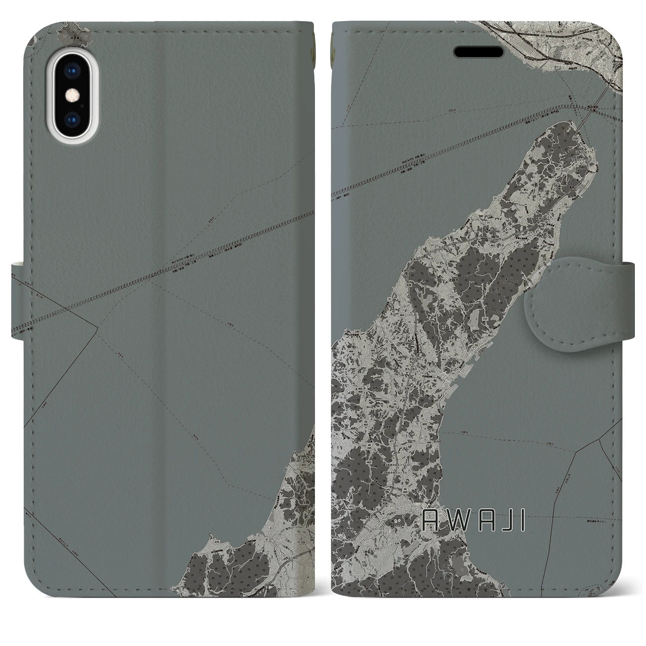 【淡路(兵庫県)】地図柄iPhoneケース(手帳タイプ)モノトーン・iPhone XS Max 用