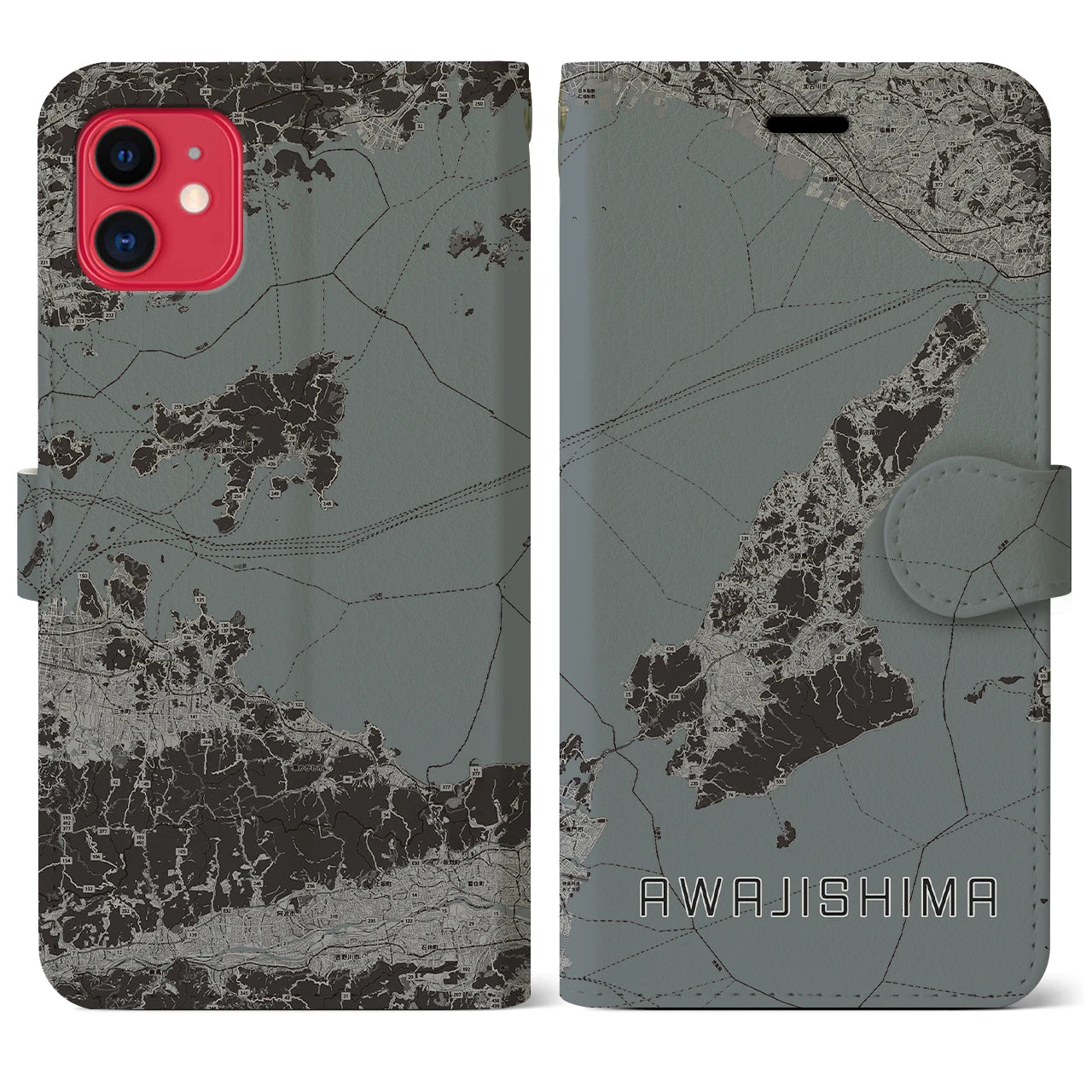 【淡路島2(兵庫県)】地図柄iPhoneケース(手帳タイプ)モノトーン・iPhone 11 用