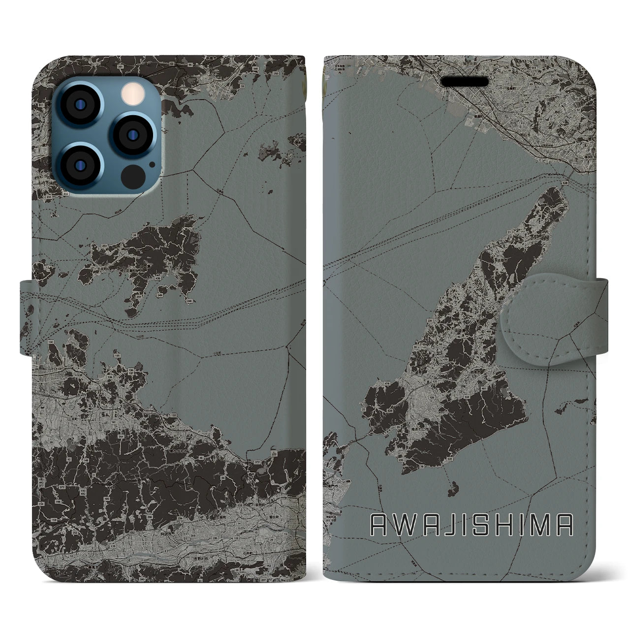 【淡路島2(兵庫県)】地図柄iPhoneケース(手帳タイプ)モノトーン・iPhone 12 / 12 Pro 用