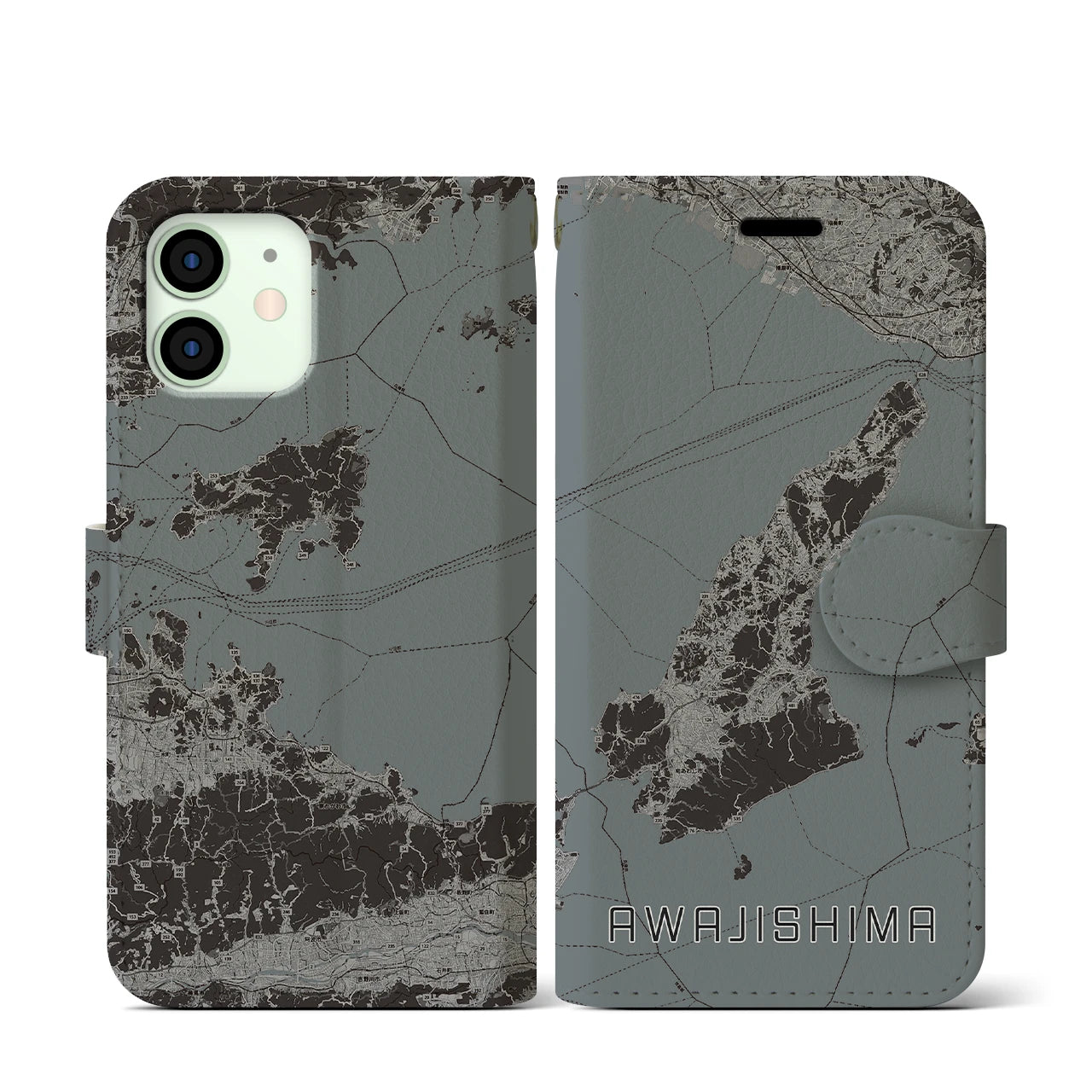 【淡路島2(兵庫県)】地図柄iPhoneケース(手帳タイプ)モノトーン・iPhone 12 mini 用
