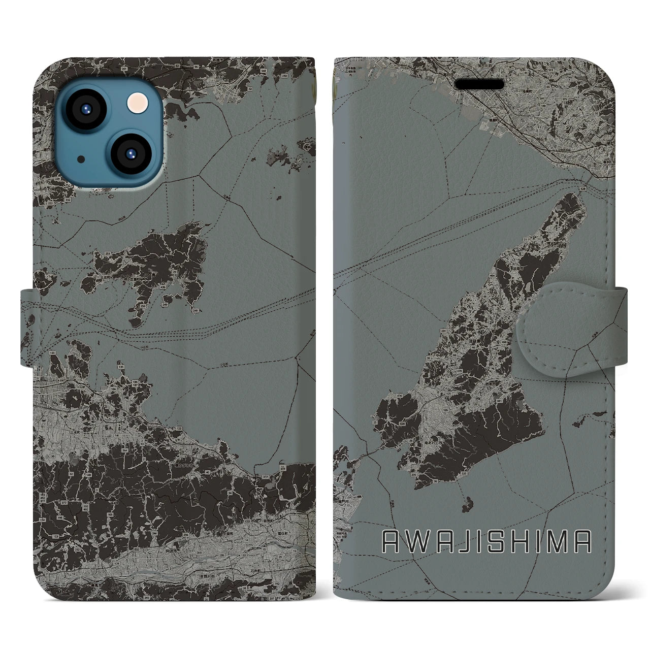 【淡路島2(兵庫県)】地図柄iPhoneケース(手帳タイプ)モノトーン・iPhone 13 用